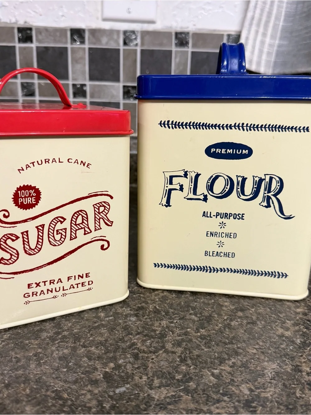 Vintage Inspired Retro Metal Sugar & Flour Canister Set Cream Red Blue